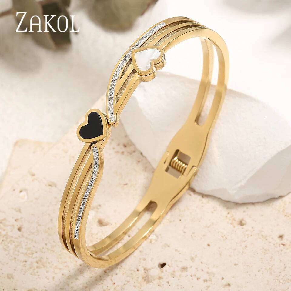 ZAKOL New Trendy Black Shell Heart Stainless Steel Bracelet for Women Exquisite Waterproof Jewelry Gift