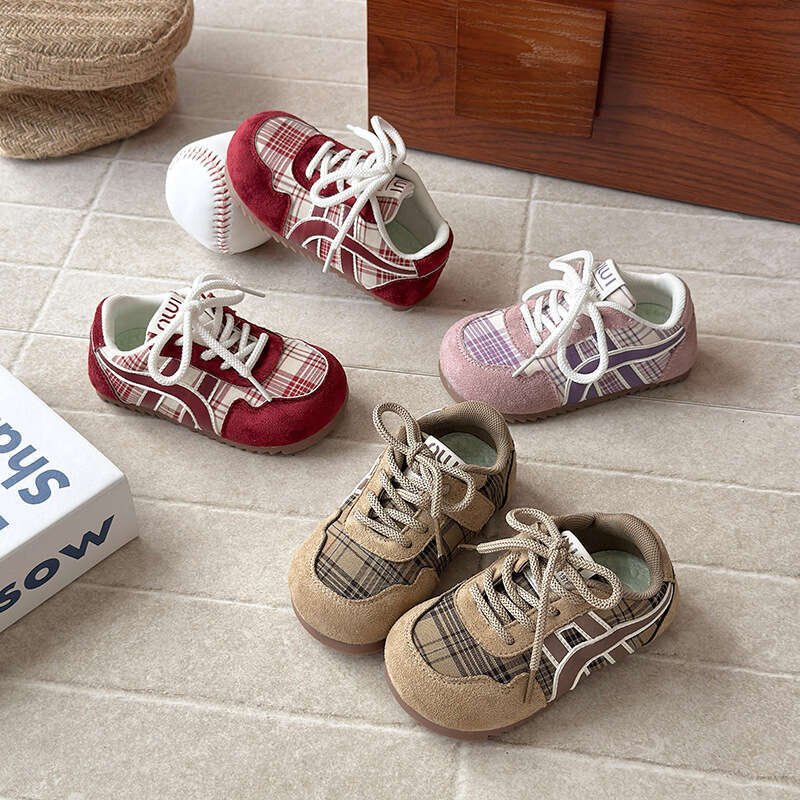 INS Retro German Training 2025 Spring and Autumn New Korean Style Girls' Plaid Forrest Gump Shoes Boys' Soft Sole Sneakers