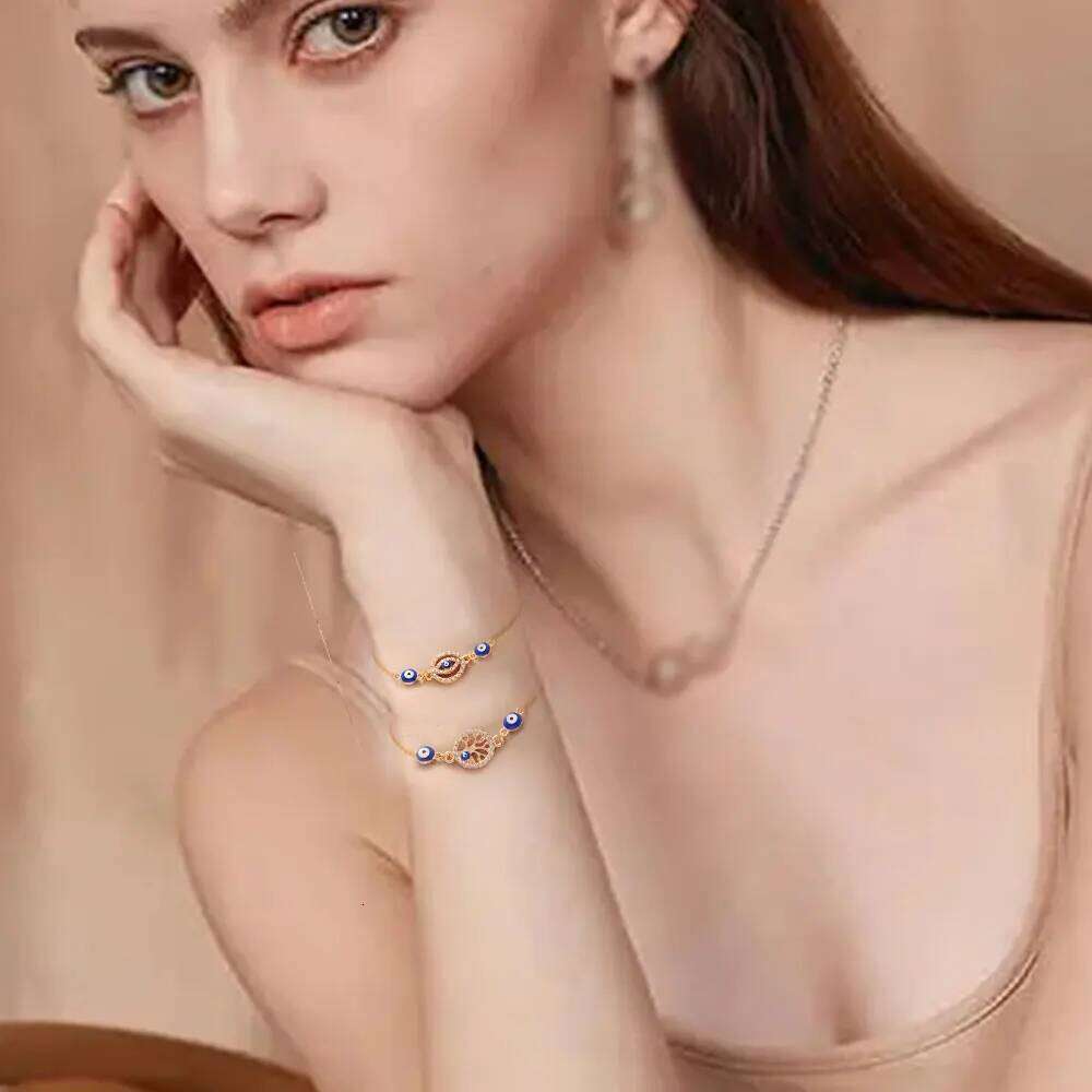 YILUOCD Bohemian Ovaly Blue Evil Eye Bracelet For Women 18k Gold Plating Tree of Life Chain Bracelets New Prayer Jewelry 25H1229