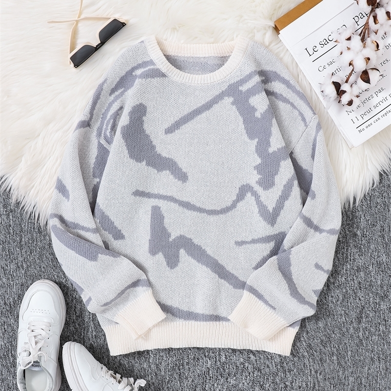 Spring Autumn Graffiti Jacquard Pattern Pullover Sweater Casual Round Neck Contrast Color Knitted Mens Pullover 251223