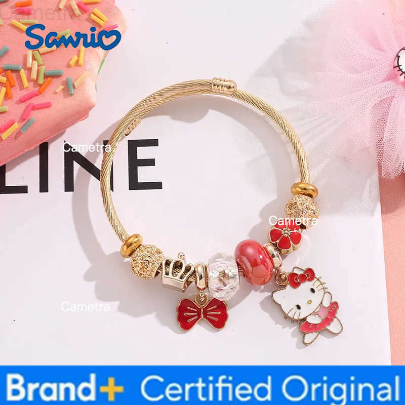 Sanrio Sweet Cartoon Cute Hello Kitty Flower Bowknot Charms Bracelets for Women Girls Saniro Gold Color Stainless Steel Bangle Jewelry H251229