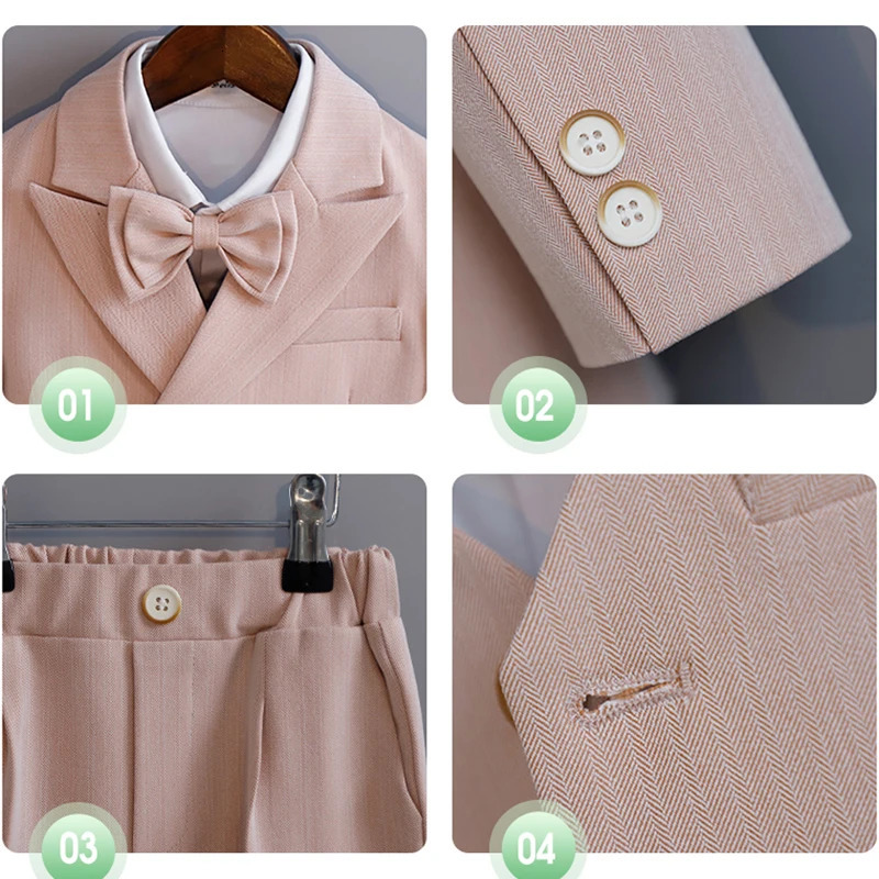 Child Fomal Dress Suit Set British Style Baby Boys Wedding Birthday Party Performance Costume Kids Blazer Pants Bowtie Clothes 251218