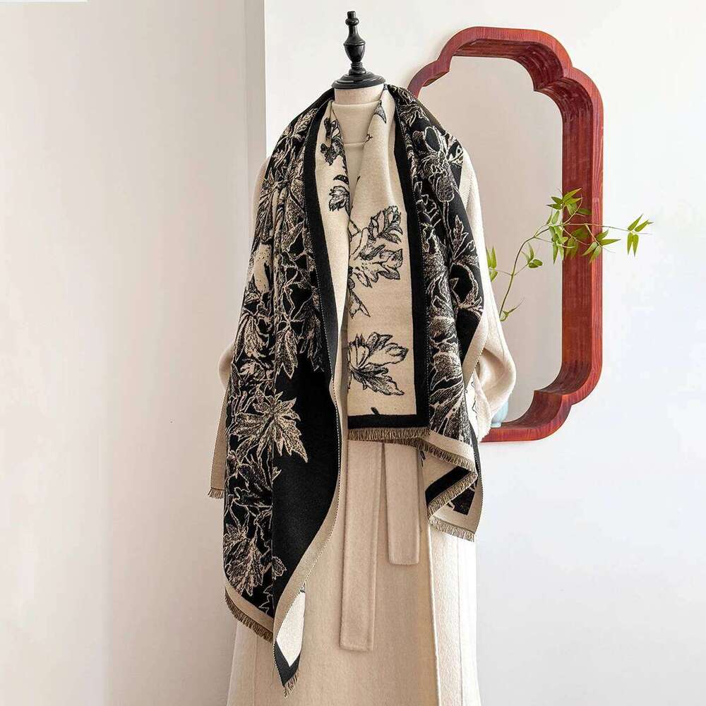 Elegant Floral Jacquard Shawl for Women Winter Thick Warm Double Sided Tassel Design Coldproof Windproof Blanket Scarf 25M1229