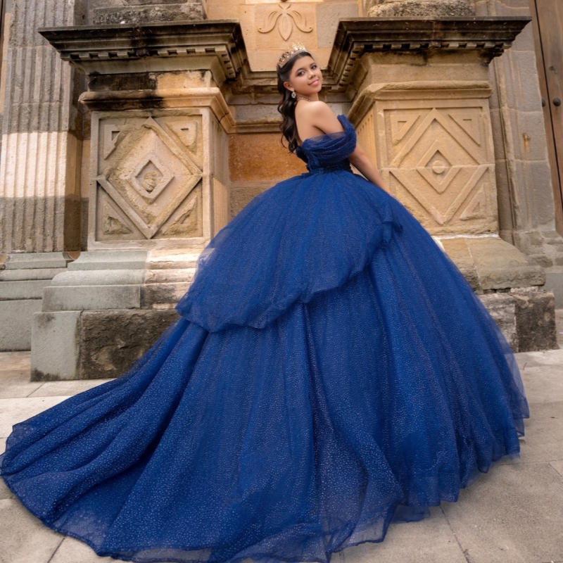 Royal Blue Shiny Quinceanera Dresses Ball Gown Off The Shoulder Beading Crystal Corset Party Birthday Sweet 16 Dres Vestidos 15 Anos