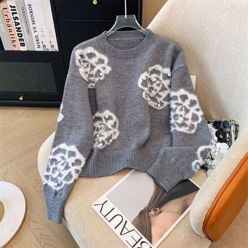 Vintage Beading Flower Embroidery Sweater Women Autumn Winter O Neck Loose Long Sleeve Pullover Fashion Knitted Tops