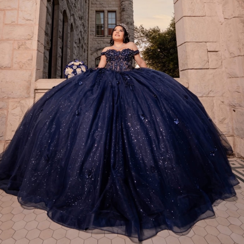 Navy Blue Shiny Quinceanera Dresses Ball Gown Off The Shoulder Applique Flower Beading Crystal Bow Tull Corset Party Birthday Sweet 16 Dres Vestidos 1