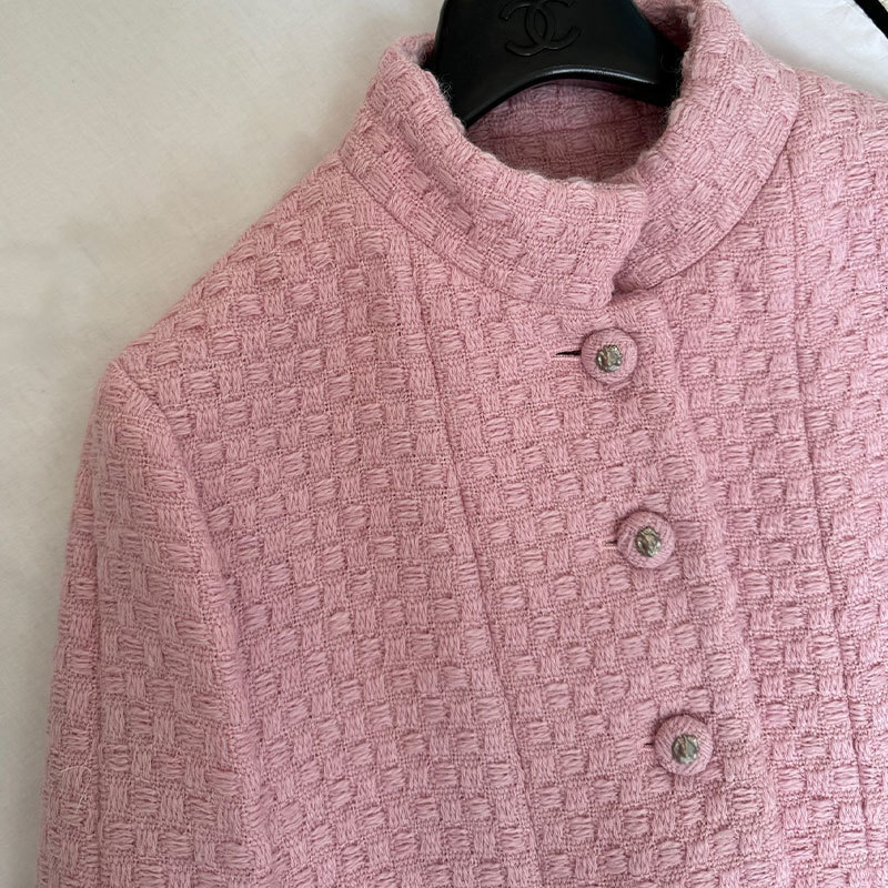 Women Early Spring Pink Stand Collar Tweed Jacket Designer Luxury Single Breasted 3/4Sleeve Silk Wool Coat Multi-Pocket Jacquard Lined Elegant Outerwe