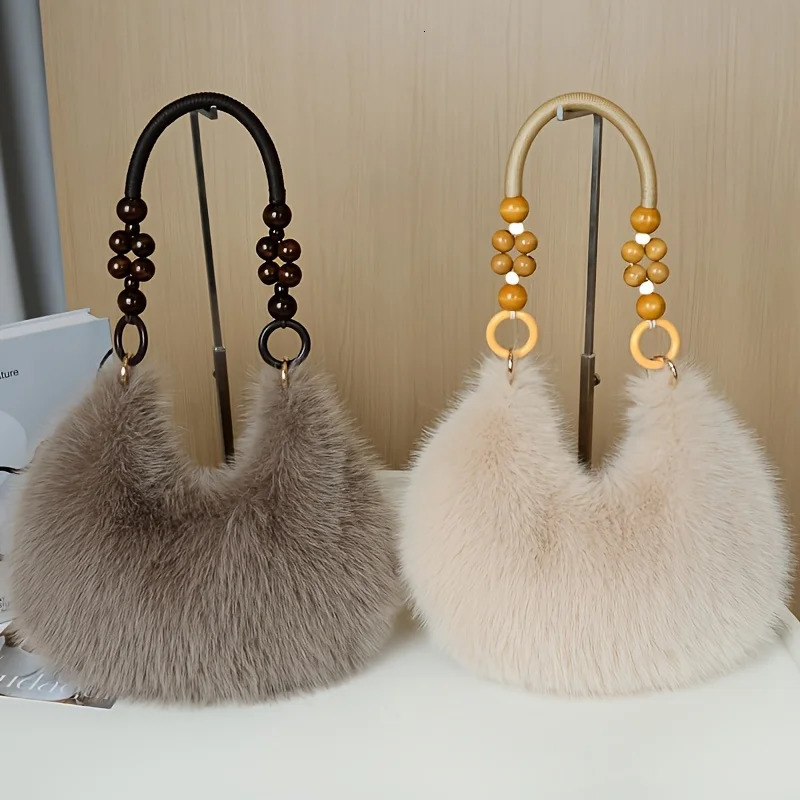 Womens Faux Handbag Plush Tote Purse with Bead Accented Strap Zipper Clre Elegant Handbags Shoulder Bags for Everyday 251216