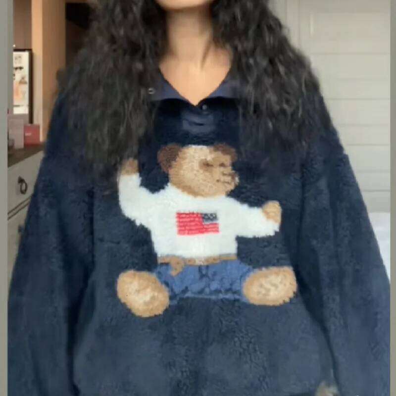 Creative Trendy Fleece Top Lady Warm Fall Cute Casual Retro Little Bear Women's Sportswear Sweaters Cozy Female Chic Streetwear