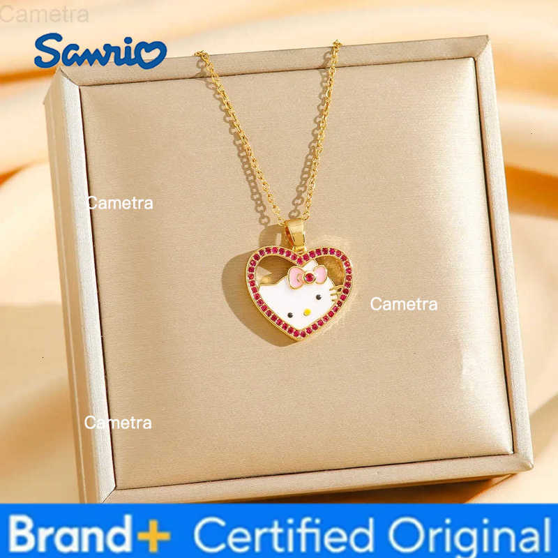 Sanrio Sweet Zircon Hello Kitty Love Heart Pendant Necklaces for Women Girls Gold Color Stainless Steel Chain Jewelry Gifts H251229