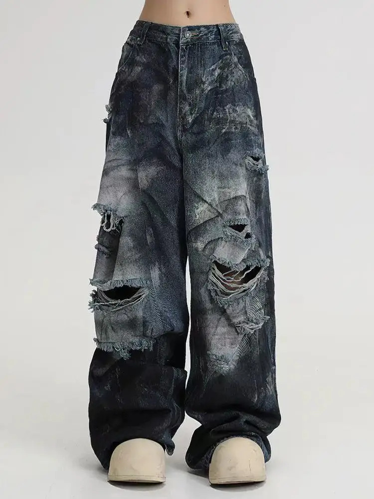 Inkjet Hole Jeans Men Women American Washed Hip-Hop Wide-Leg Gothic Street Straight Pants Z260313