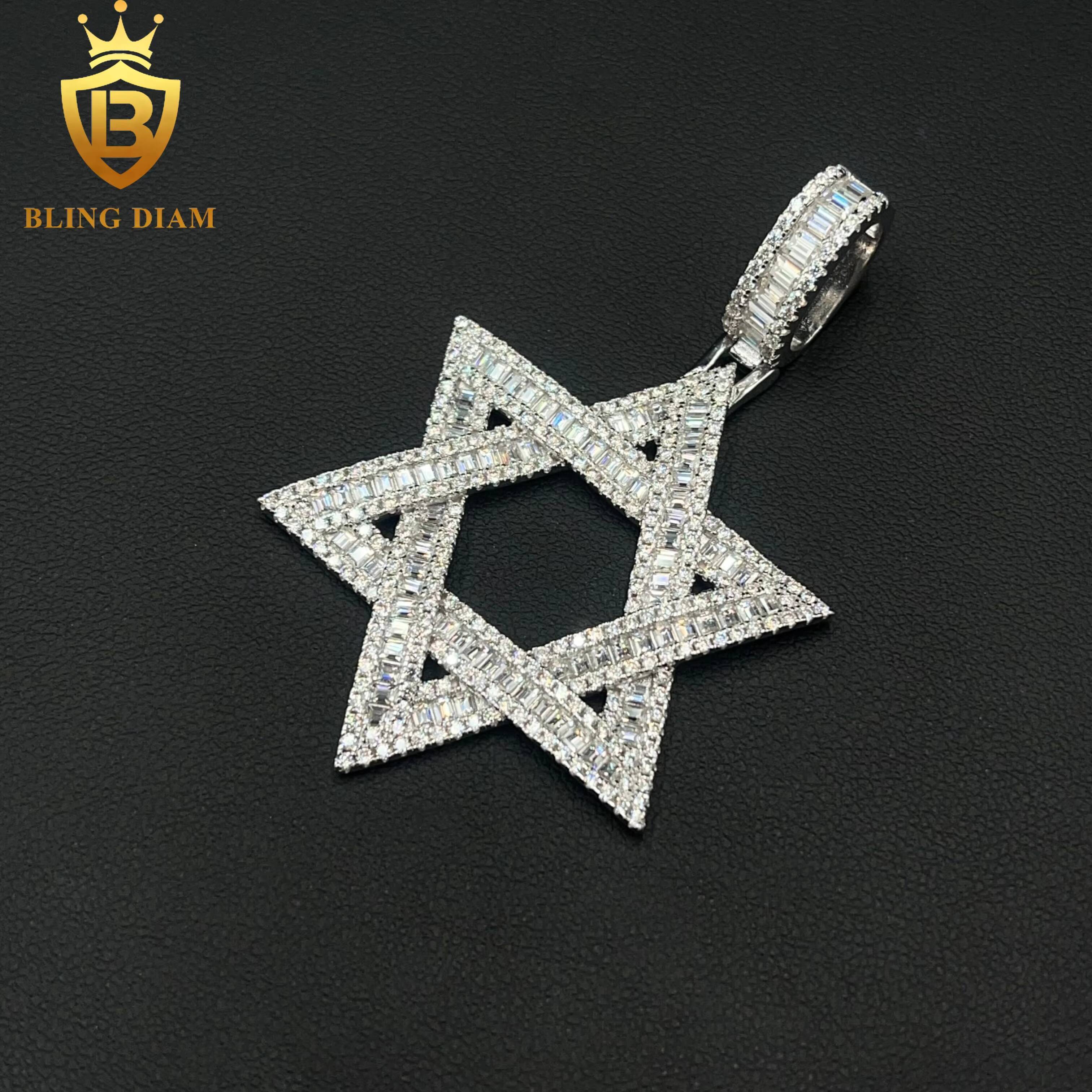 Iced Out Jewelry Passes Diamond Tester 925 Sterling Silver VVS Moissanite Baguette Star Charm Pendant