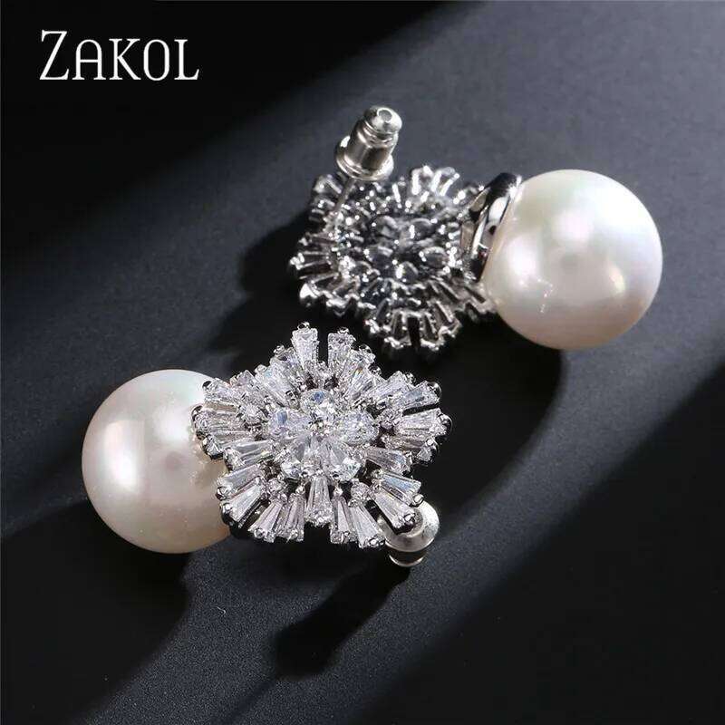 ZAKOL Korea Fashion Round Simulated Pearls Snowflake Drop Earrings for Elegant Women Zirconia Bridal Wedding Jewelry