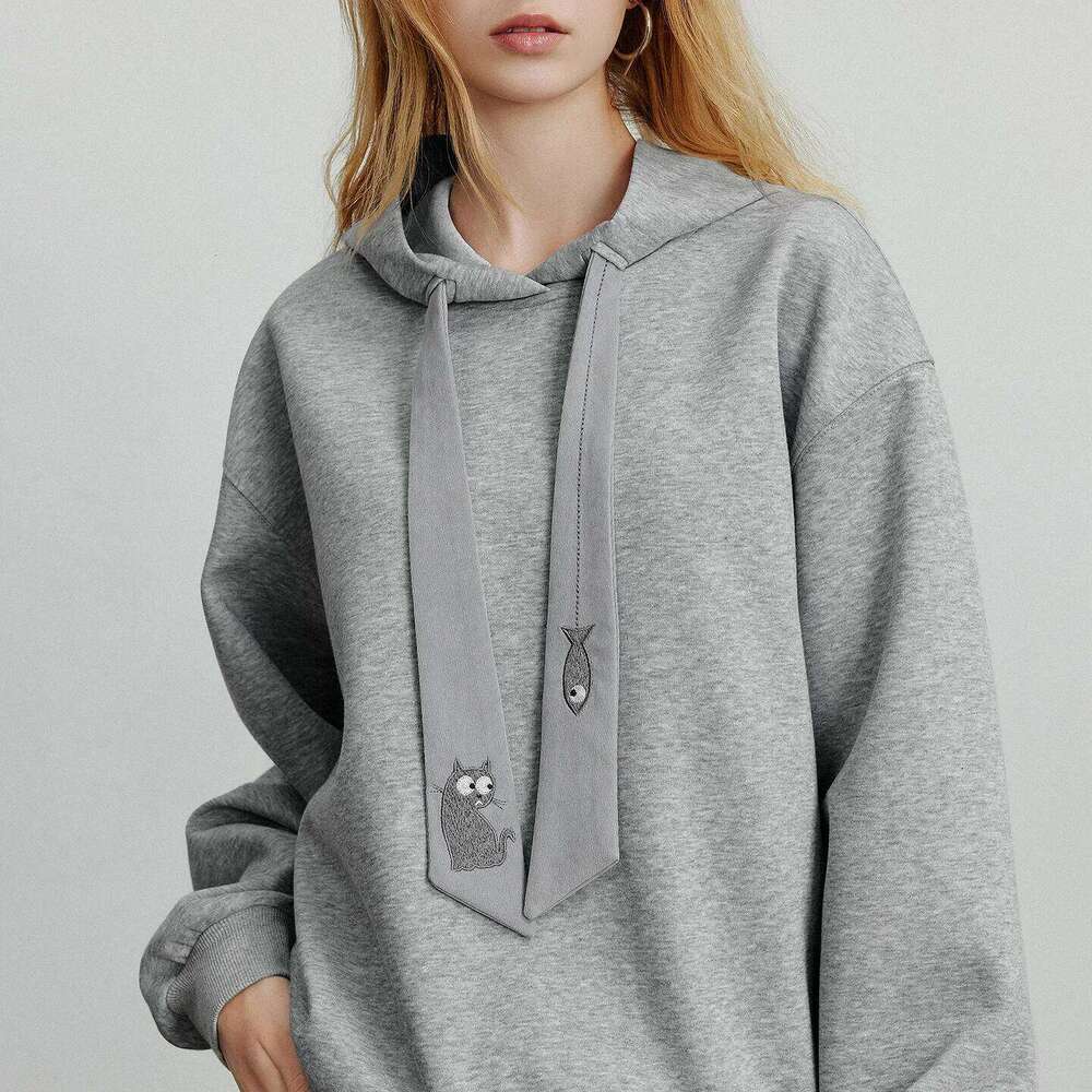 Women Hoodies Sweatshirt 2025 Autumn New College Style Cat Embroidery Tie Cotton Hooded Pullover Tops