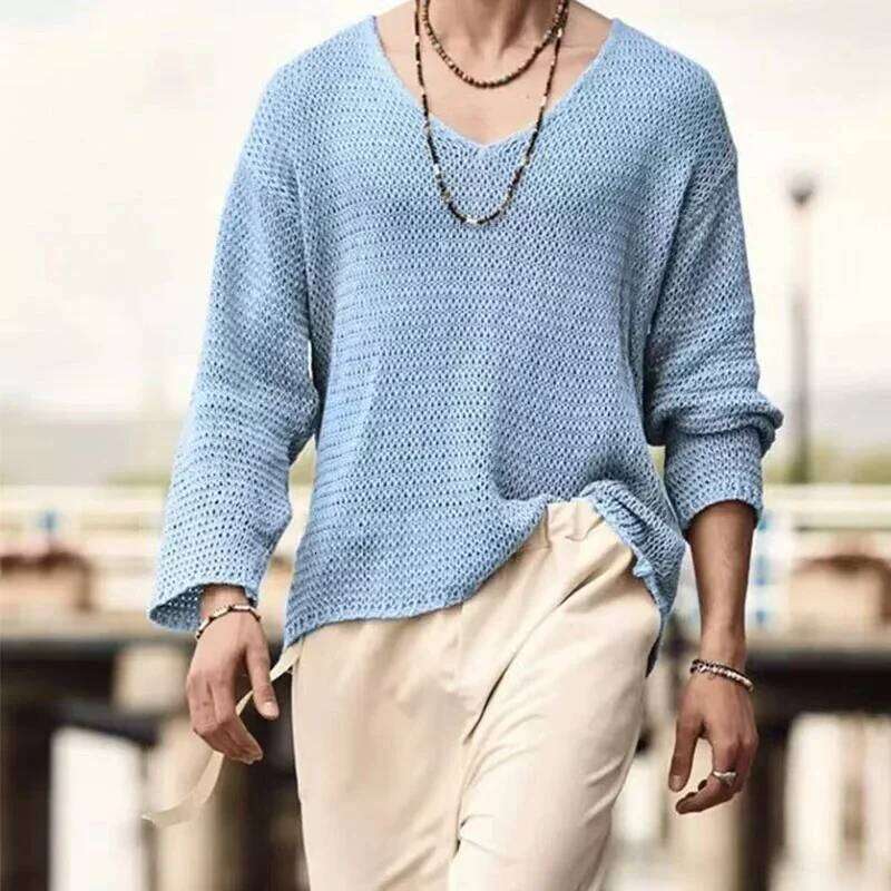 2025 New Men's Loose Long Sleeve Casual Hollow Knitted Sweater Outer Shirt Fashion Versatile Top