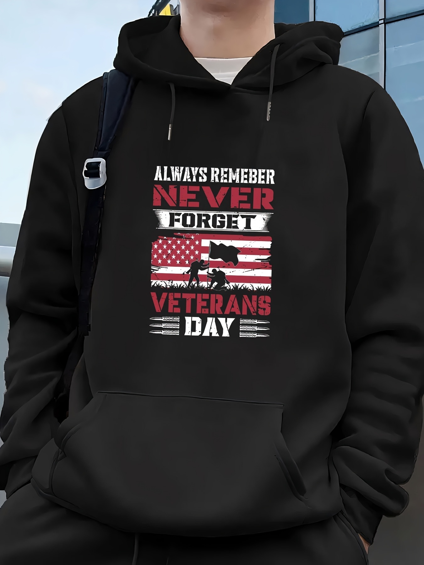 Men's Navy Blue Veterans Day Hoodie - Patriotic Letter Print Pullover with Kangaroo Pocket, Comfortable Polyester Blend for Fall/Winter, Drawstri