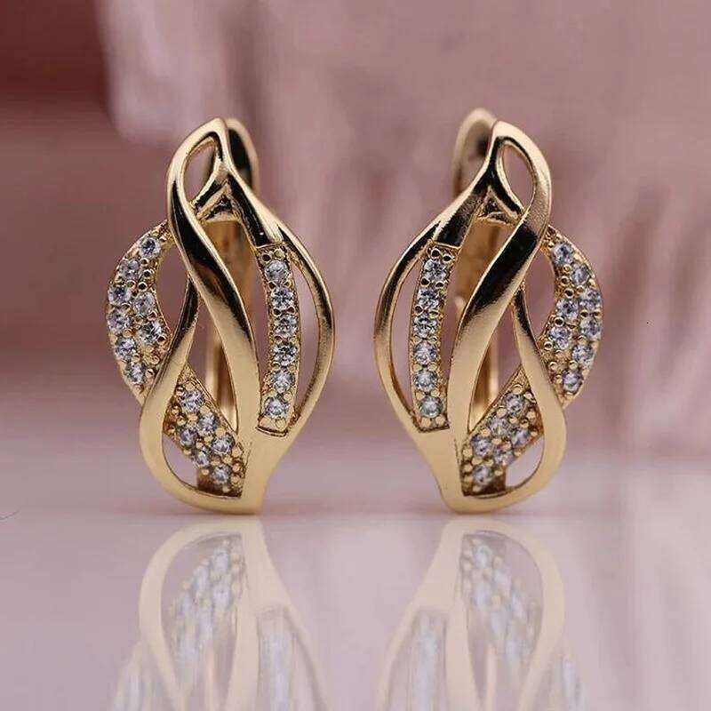 Simple Leaf Shape Hollow Stud Earring For Women AAA Zircon Gold Color Plated Ear Accessories Jewelry Gift