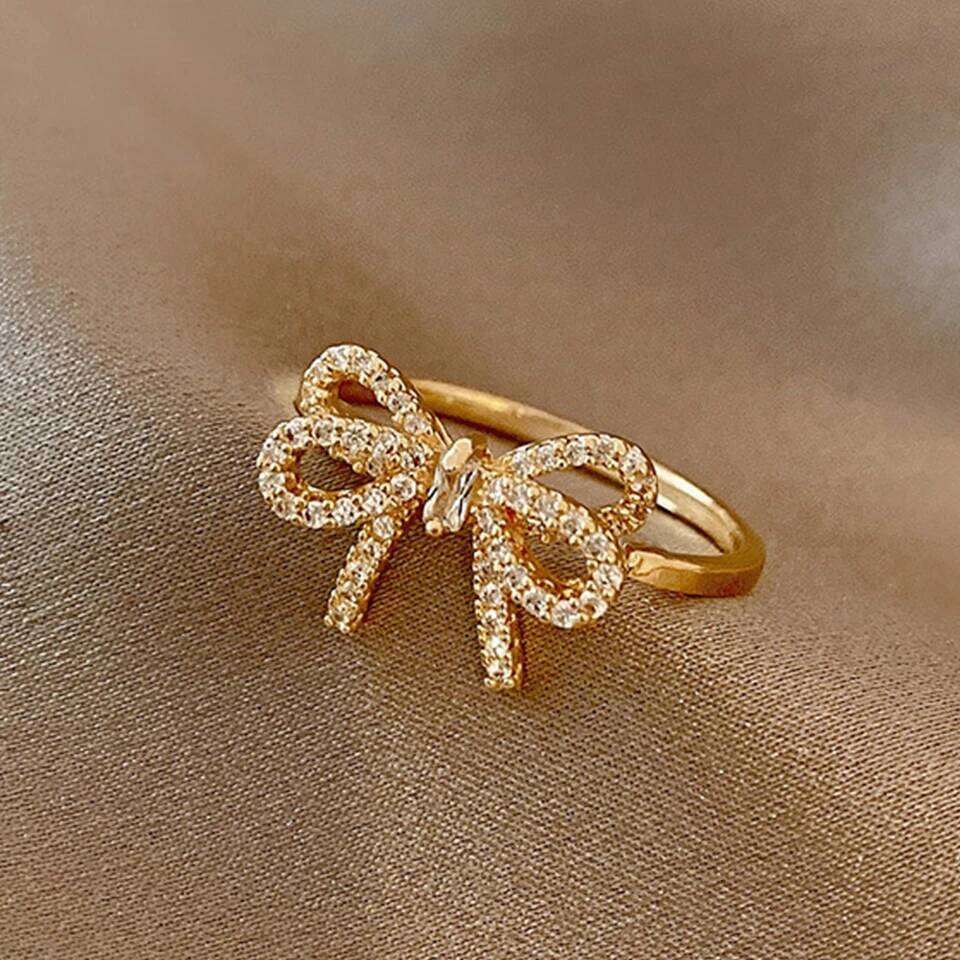 ZAKOL Korean Fashion Crystal Bow For Women Micropaved Zirconia Minimalist Trendy Finger Ring Jewelry
