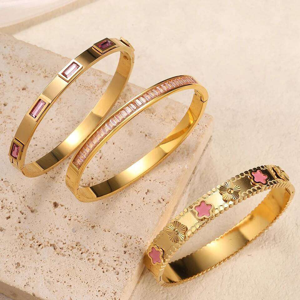ZAKOL Luxury Pink Geometric Zircon Stainless Steel Bracelets for Women Gold Color Open Bangle Anniversary Jewelry Gifts 2025 New