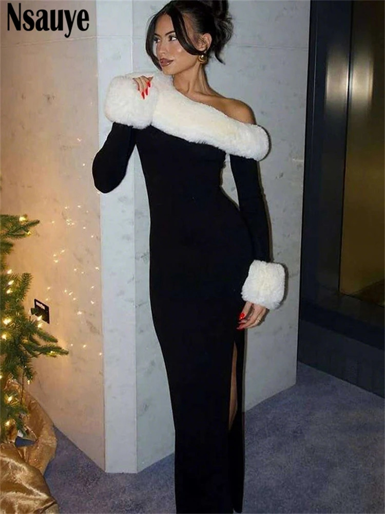 Nsauye Sexy Women Faux Fur Long Sleeve Black Night Club Evening Party Dress Wrap Winter Fashion Elegant Bodycon Dress 2025 251225