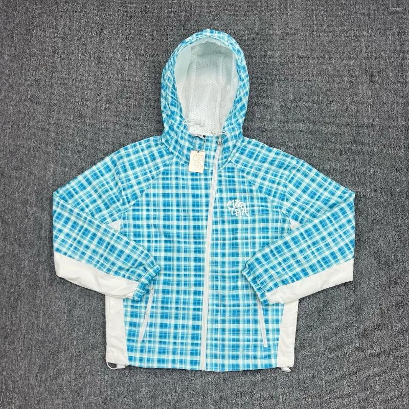 Men's Jackets Mesh Blue Green Plaid Zipper Hooded Jacket Men Women Letters Embroidery Label Slanted Quick Dry Loose Windproof