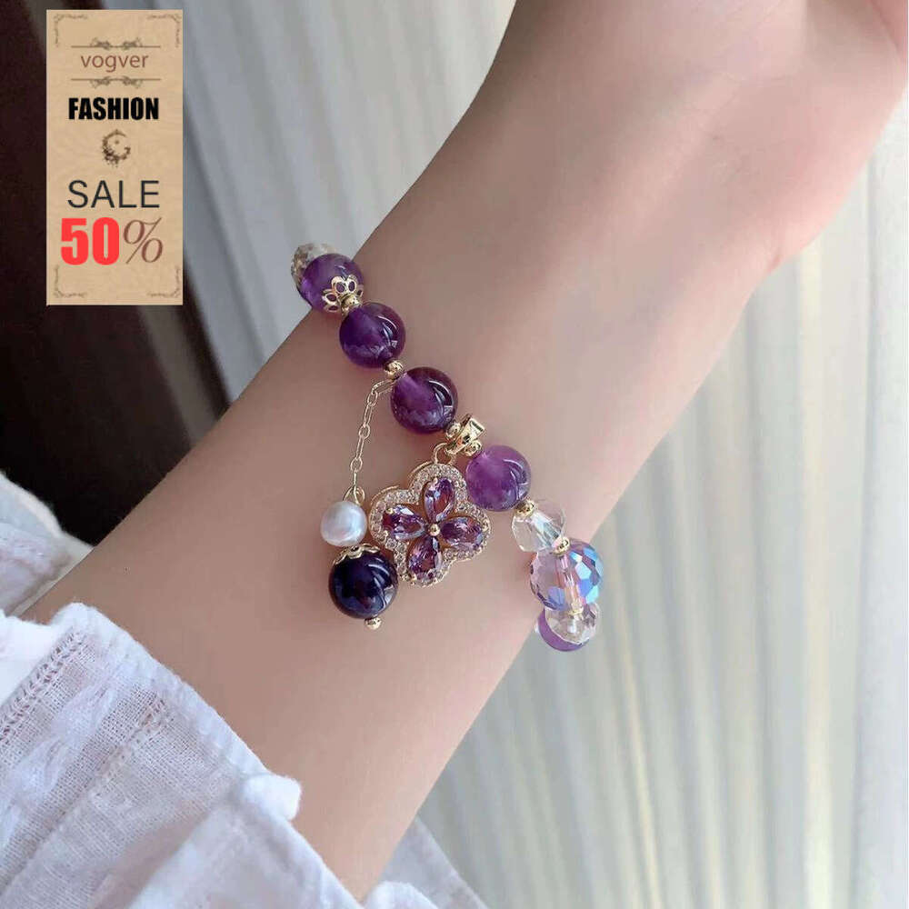Bracelet For Women 2026 Plated Gold Imitation Amethyst Four-Leaf Clover Bracelet, Niche Light Luxury Retro Jewelry, Best Friend Birthday Gift