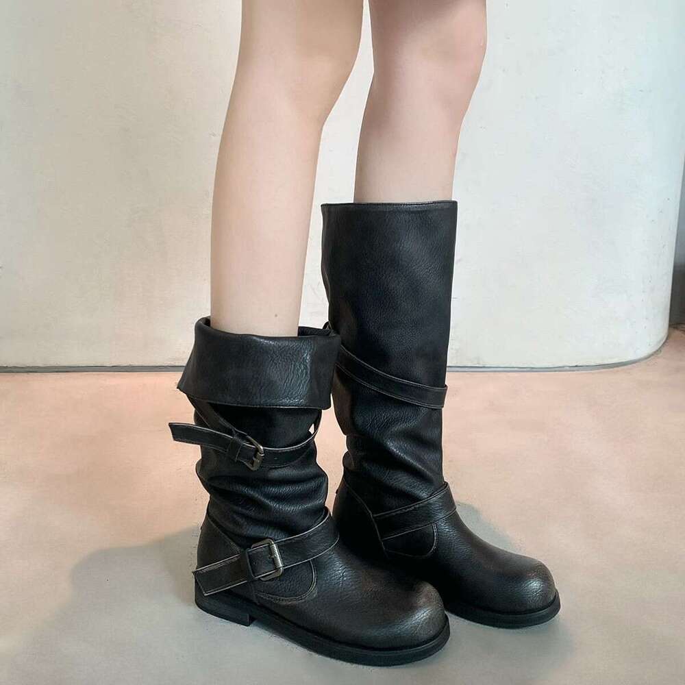 Internet Celebrity Style Round Toe Belt Buckle Wrinkled British Retro Polished Thick Heel Mid-Calf Riding Boots for Women