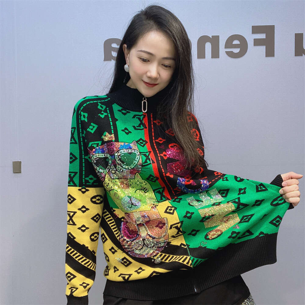 Clothing Colorful Knitted Sweater Jacket Women's Autumn And Winter New Heavy Craftwork Hot Drilling Stand Collar Zipper Cardigan Top