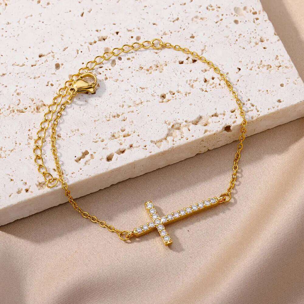 Crystal Bracelets For Women Fashion Gold Plated Stainless Steel Cross Bracelet Vintage Religion Aesthetic Jewelry Gift 25H1229