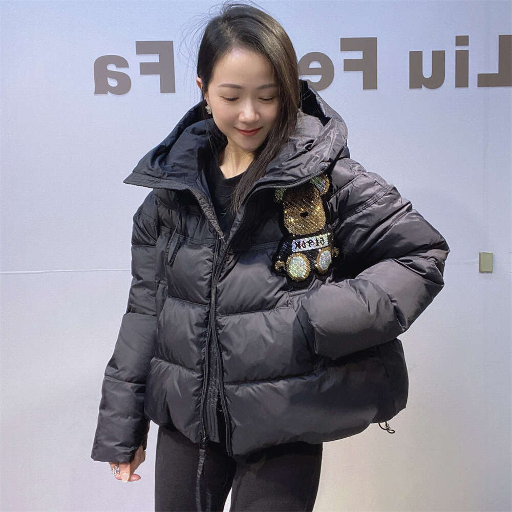 2025 Winter Warm Jacket For Women, Front And Back Heavy Rhinestone, Colorful Short Loose Thickened Hooded Cotton Coat Trend