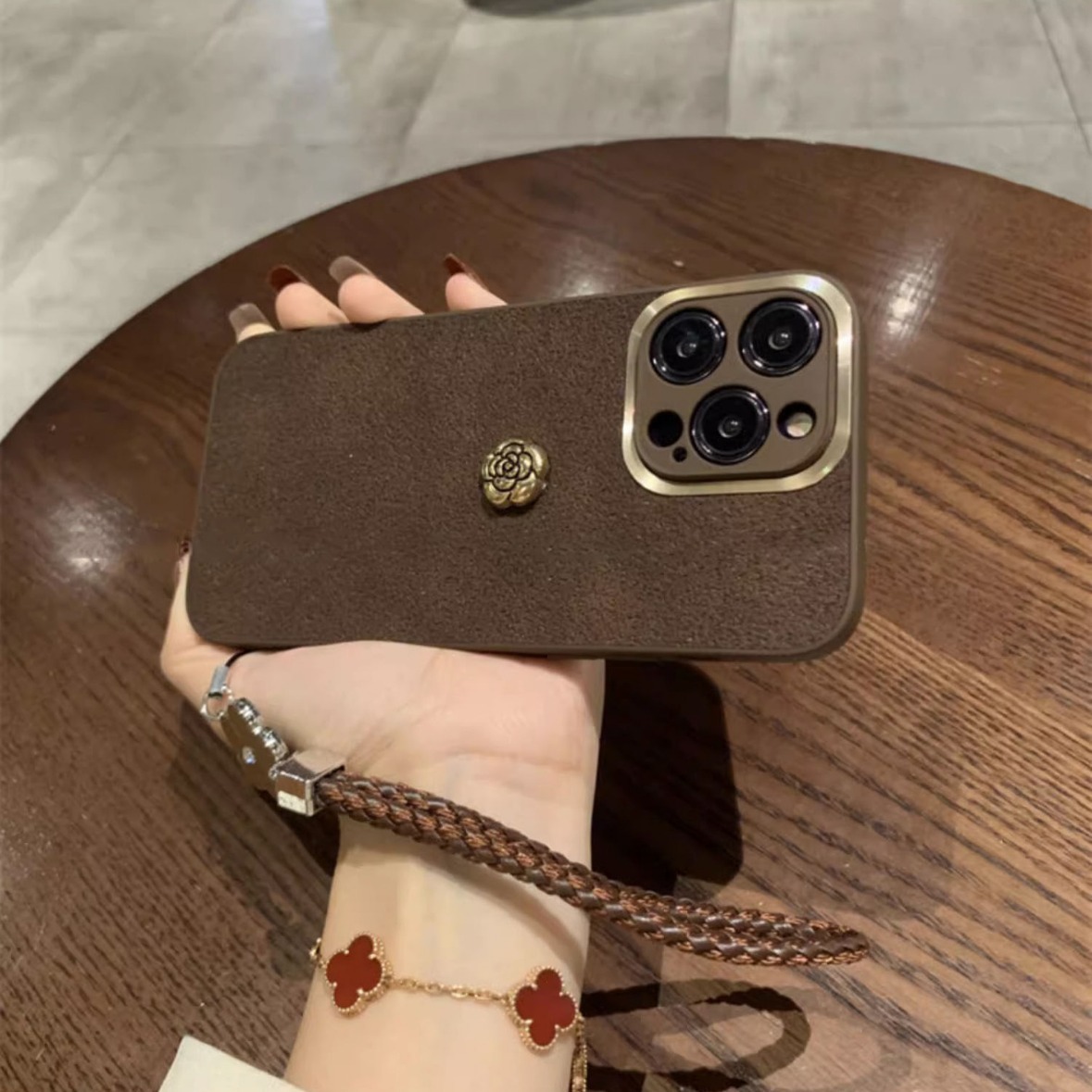 Golden Circle Camellia Compatible Apple Pro Phone Case with Lanyard Simple iPhone 16 Shockproof 13 Protection