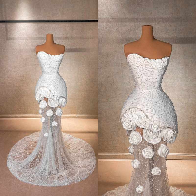 Exquisite Mermaid Wedding Dress Handmade Flowers Strapless Bridal Gowns Pearls Sequins Custom Made Bride Vestido de novia