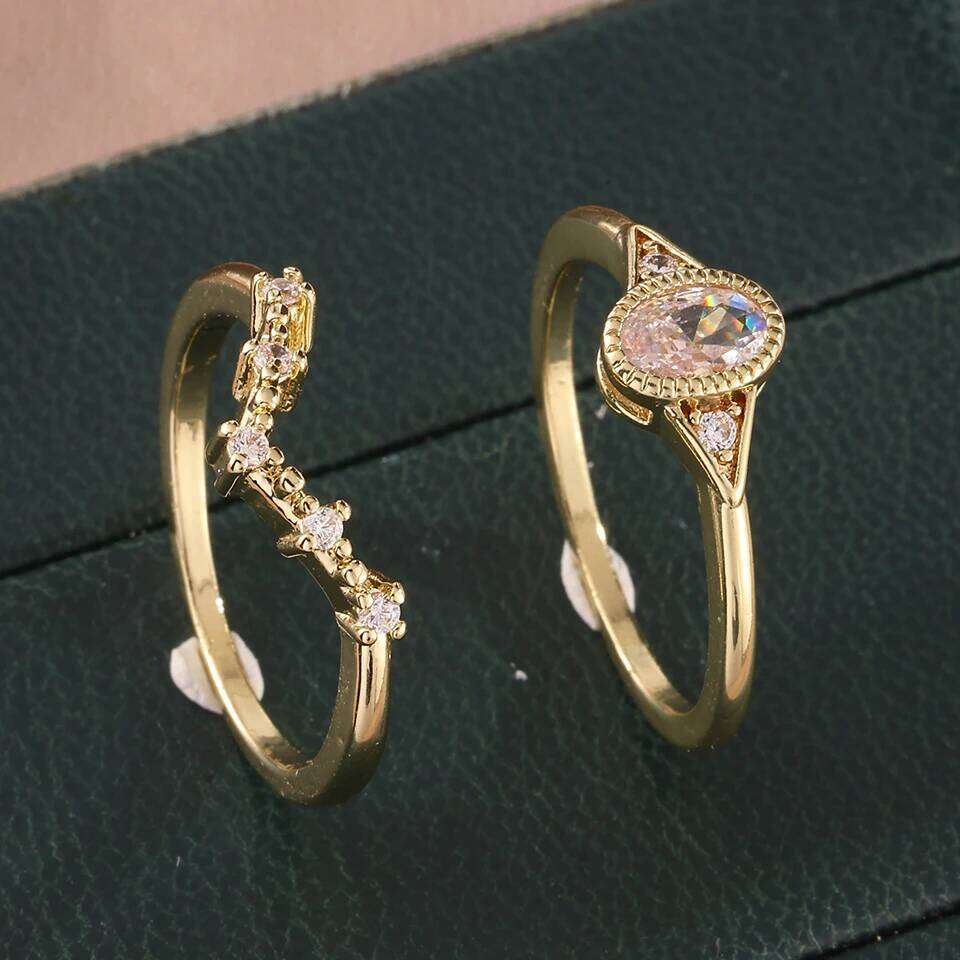 ZAKOL 2Pcs/Set Cubic Zirconia Set Rings for Women Bridal Geometric Water Drop Zircon Crystal Wedding Band Engagement Jewelry