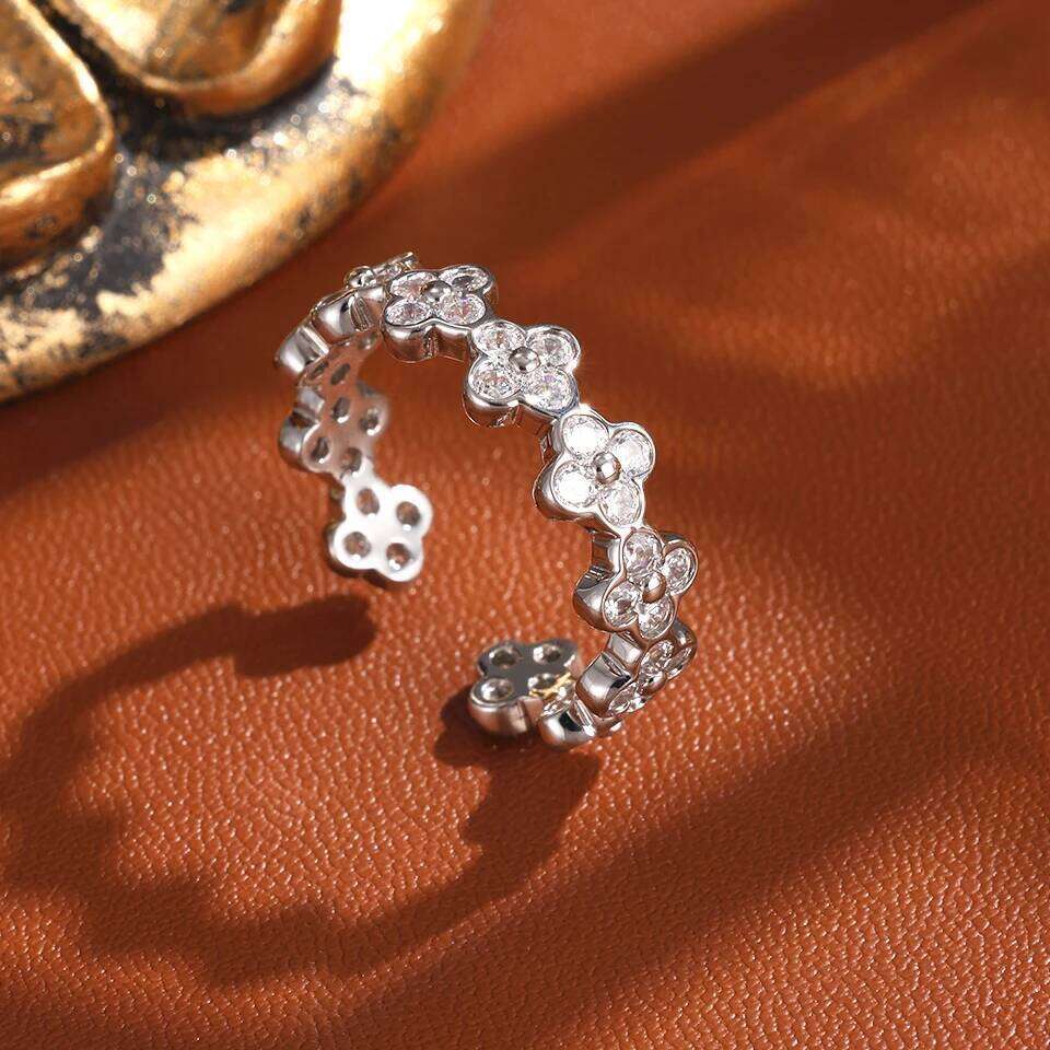 ZAKOL Colorful Zircon Five-leaf Flower Clover Adjustable Open Rings for Women Exquisite 18K Gold Birthday Jewelry Gifts