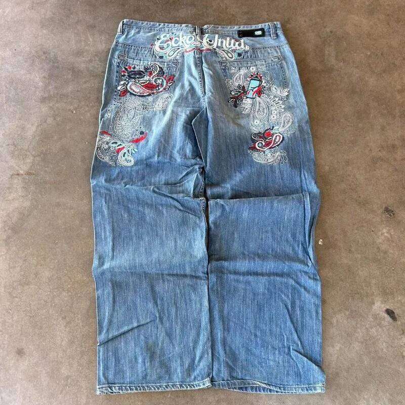 Gothic New Fashion Geometric Embroidery Baggy Men Y2K Harajuku Hip Hop Popular Vintage Straight Couple Wide-leg Jeans