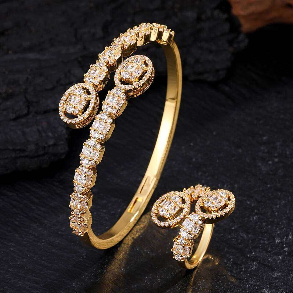 ZAKOL 9 Styles Golden Open Bracelet Ring Set Geometric Shiny Zircon 18K Gold Plated Middle East Wedding Party Jewelry
