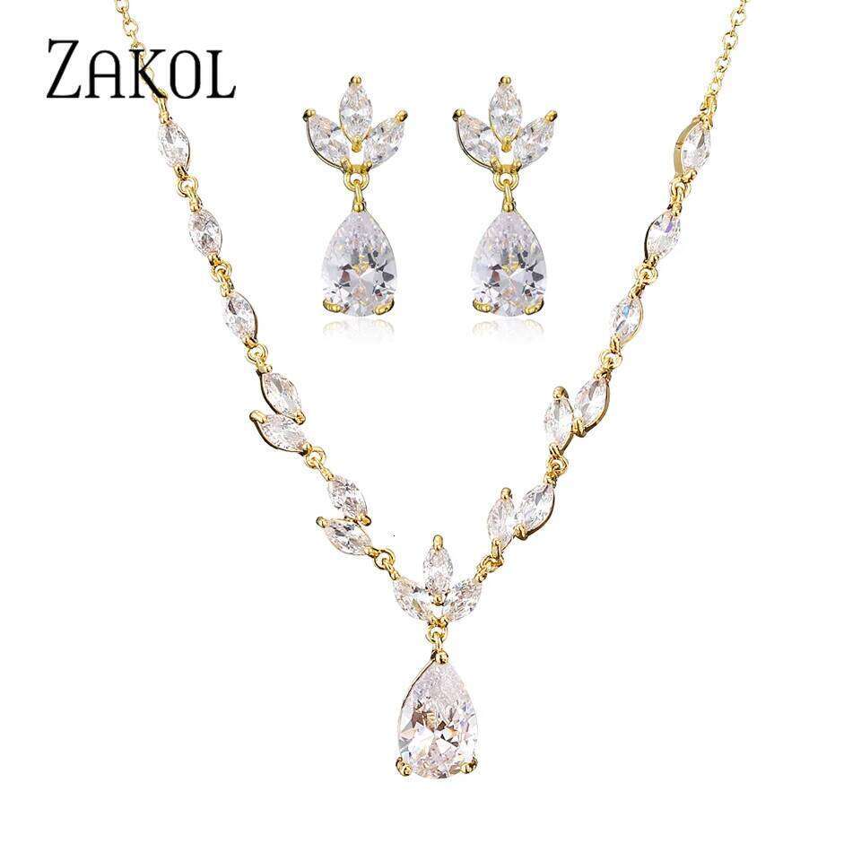 ZAKOL Elegant Necklace/Earring Set for Women Gorgeous Pear Water Drop AAA Zircon Wedding Jewelry Gift