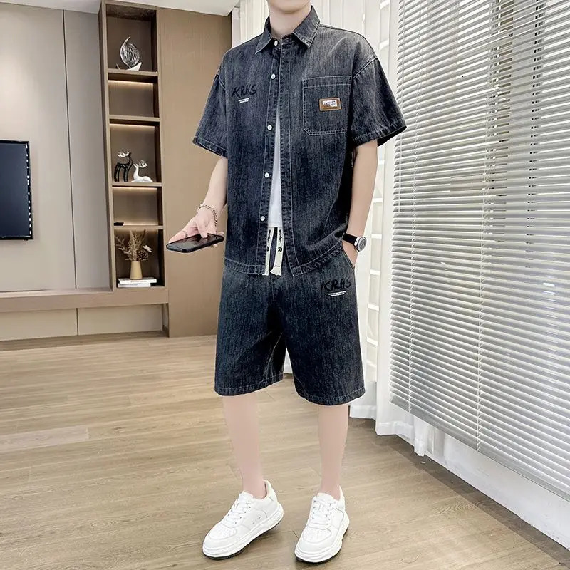 Summer Mens Thin Denim Short-sleeved Shirt Suit Trendy Loose Casual Shorts Two-piece Set 251225