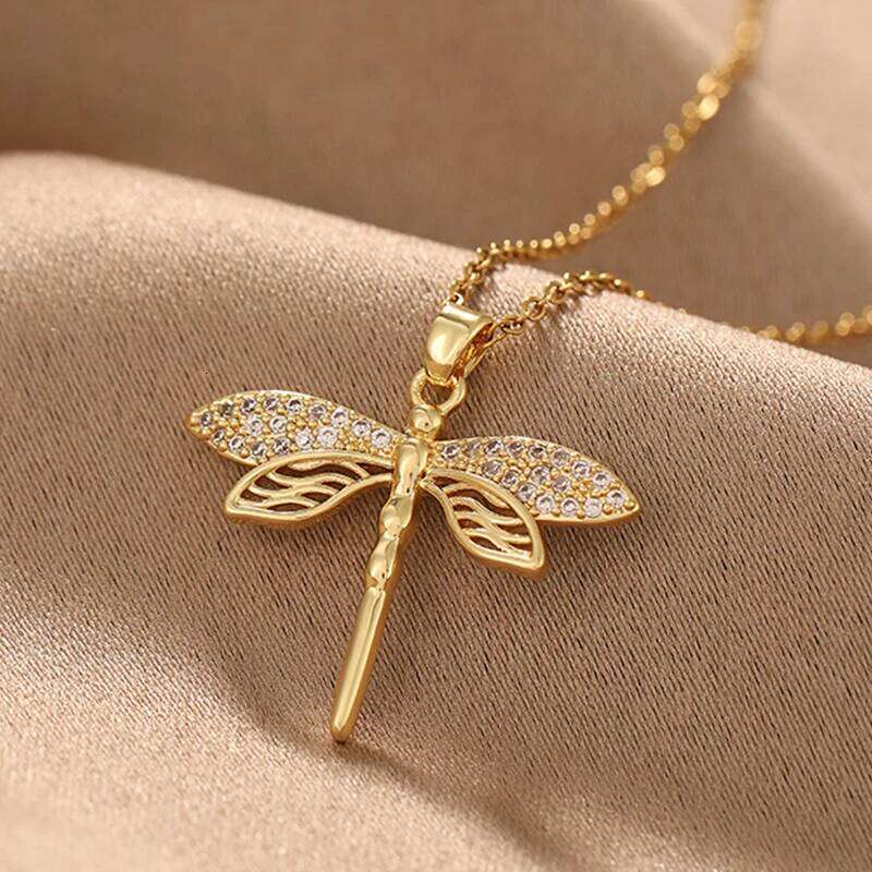 ZAKOL Trendy Gold Color Dragonfly Wings Necklaces For Women Stainless Steel Crystal Necklace Everyday Jewelry Gifts