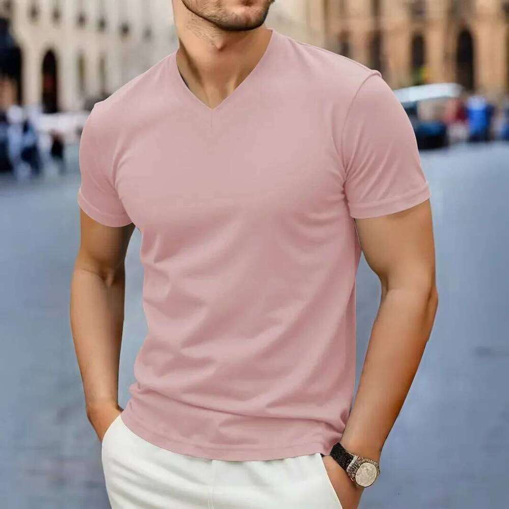 2025 New Men's Casual Fashion Simple V-Neck Short Sleeved T-Shirt Summer Comfortable Breathable Versatile Top