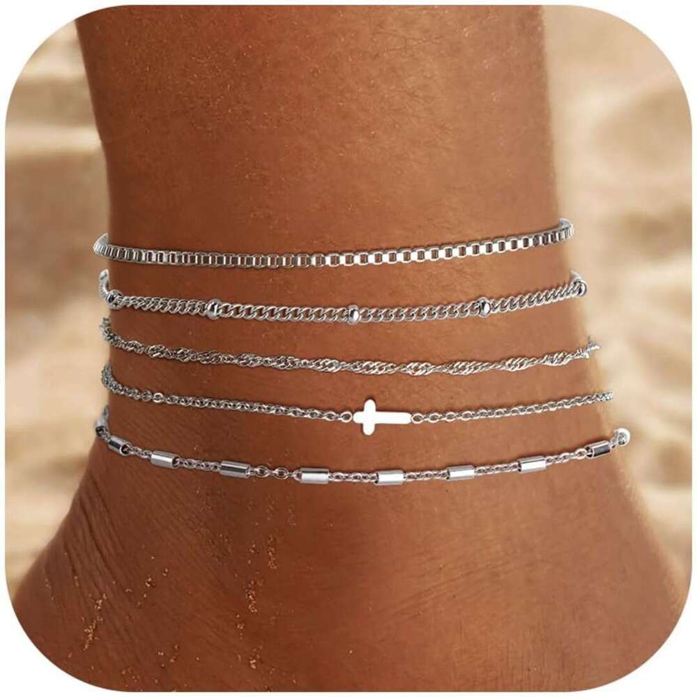Cross-Border Best- Cross Inlaid Cuban Stainless Steel Braided Satellite Chain Anklet Layering Set