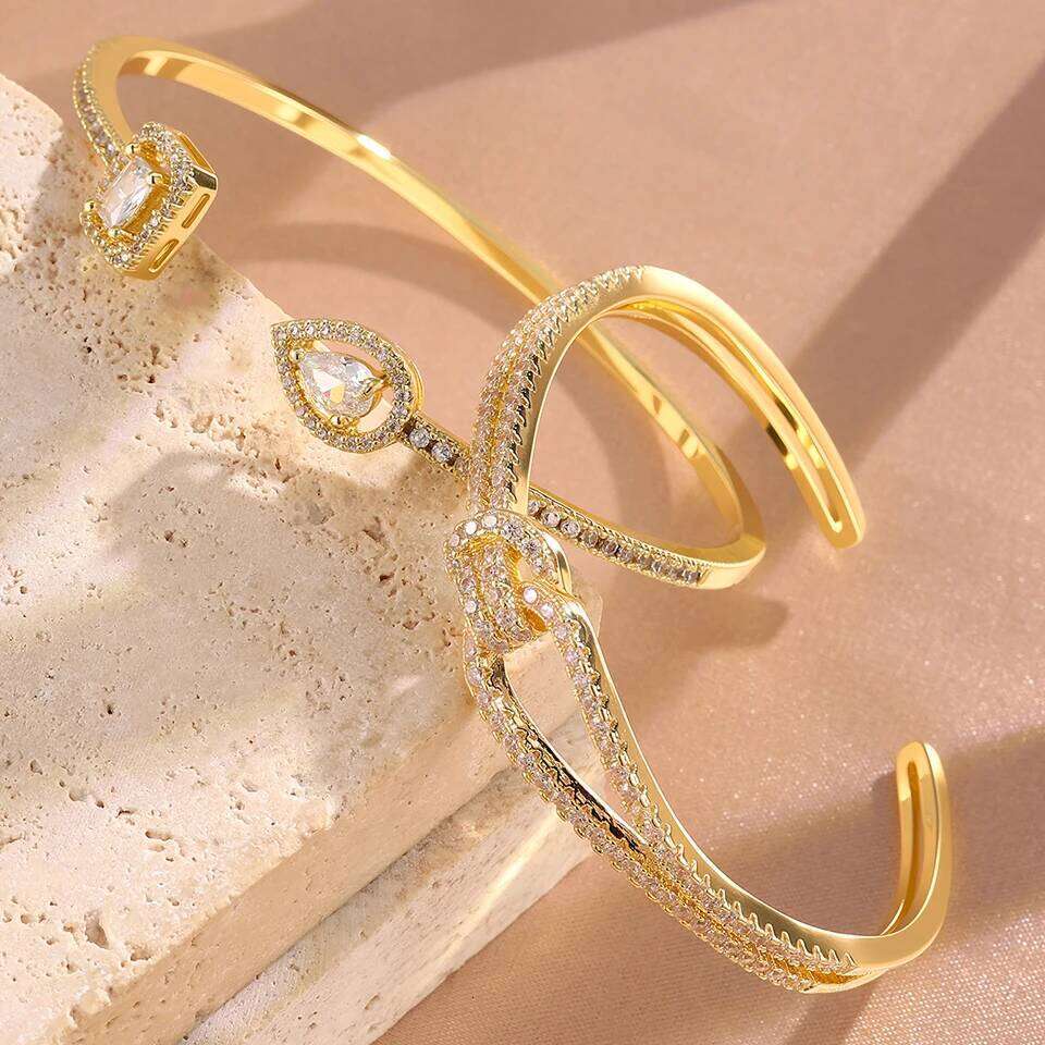 ZAKOL 2 Pcs Brilliant AAA Cubic Zirconia CC Shape Open Bracelet Water Drop Crystal Zircon Bangle Women's Wedding Jewelry