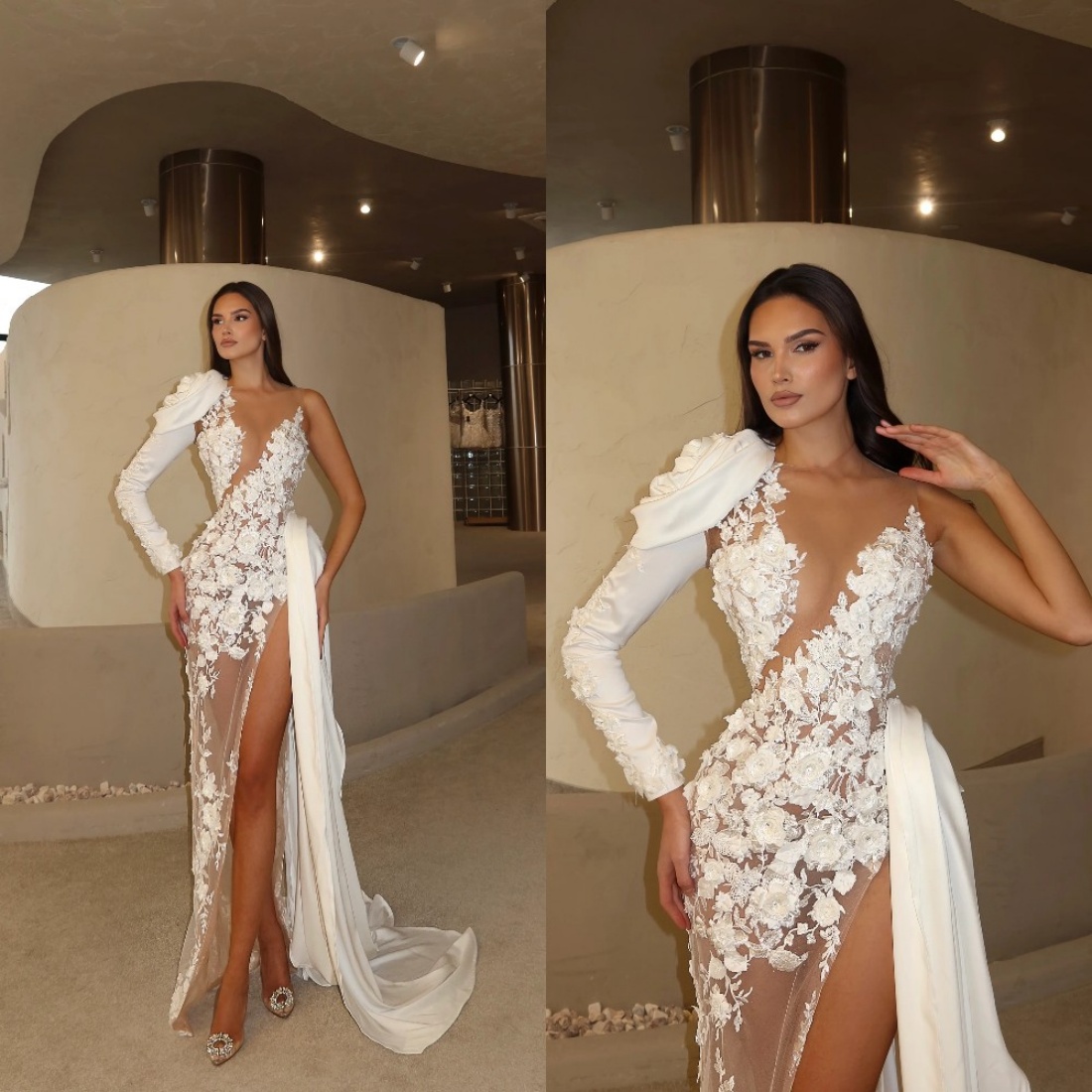 Sexy Evening Dresses For Women Sheer Neck One Shoulder Gown Sequins Sweep Train Appliques Split Side Dress Party Customized Dress