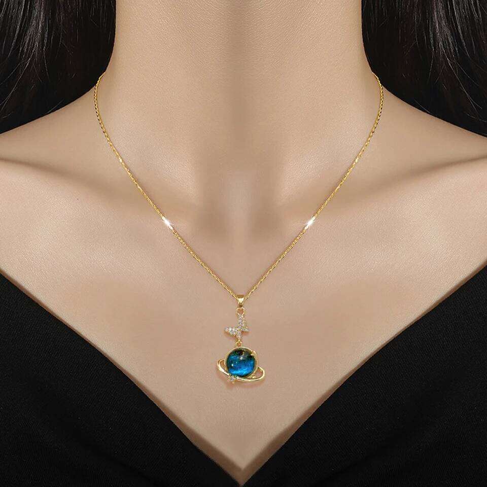 ZAKOL Light Luxury Stainless Steel Blue Starry Planet Pendant Necklace Fashion Women's Clavicle Chain Versatile Jewelry Gift