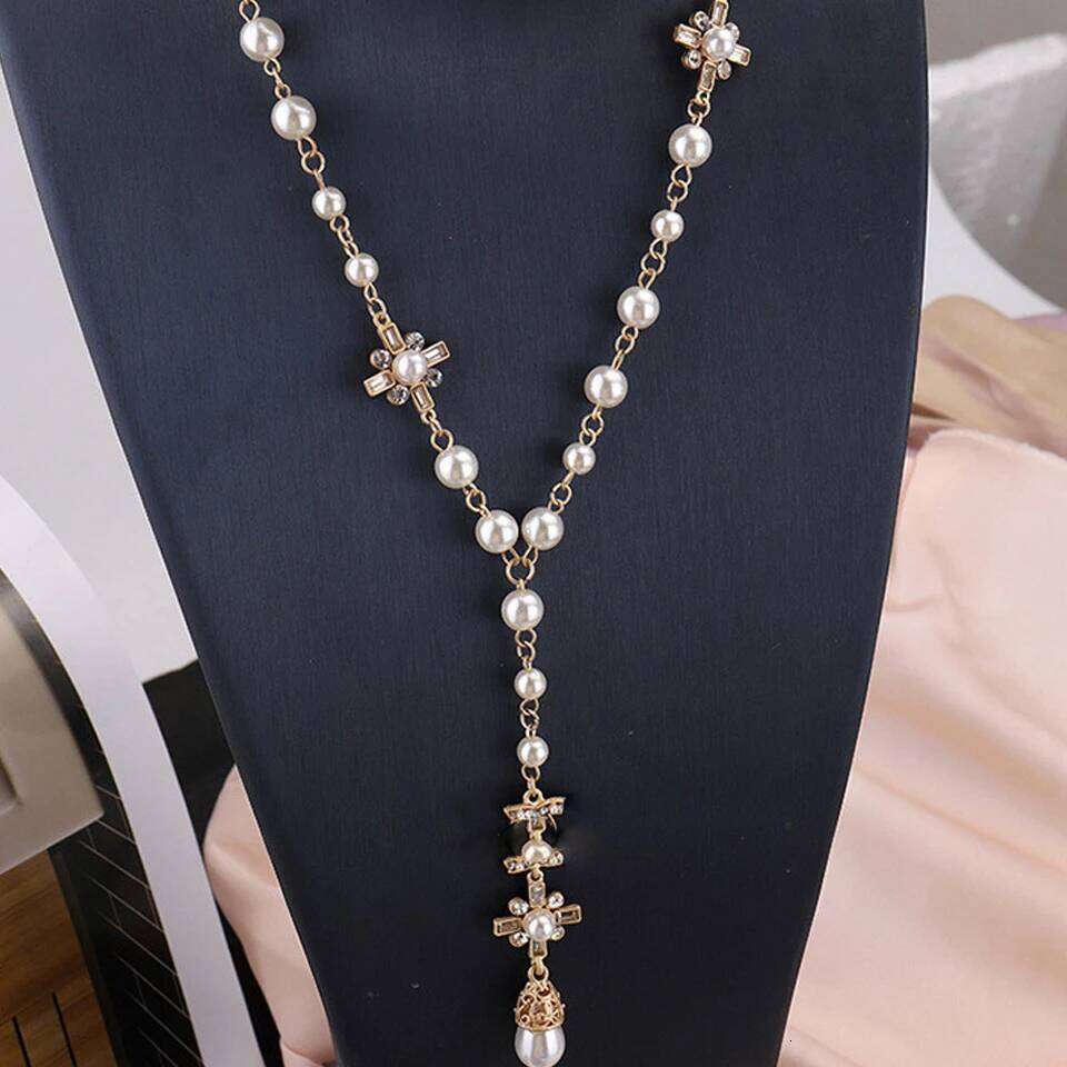 ZAKOL Elegant Long Pendant Necklace for Women Luxury Imitation Pearl Sweater Chain Party Accessories