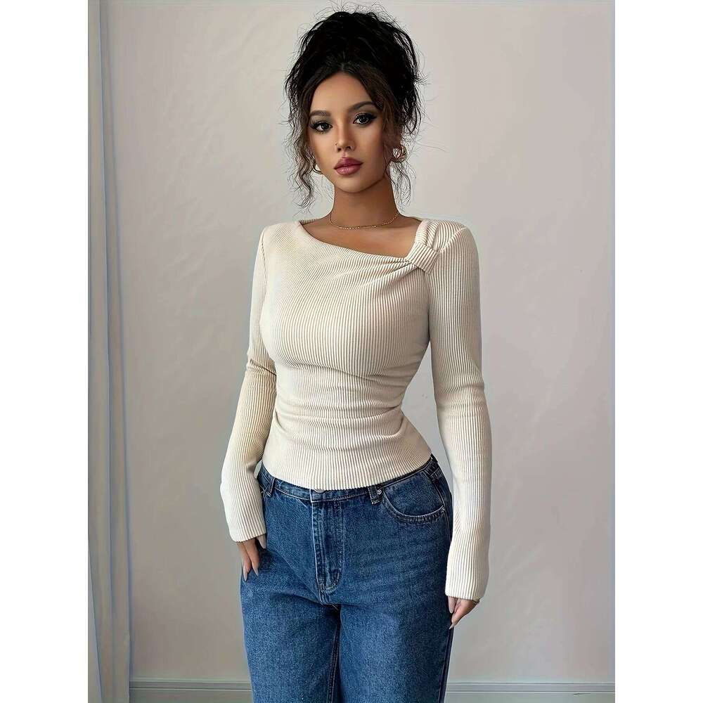 Directed Women's Autumn Winter Knitted Solid Color Asymmetrical Neck Long Sleeve Pleated Slim Fit Elegant T-Shirt ZHE HAN