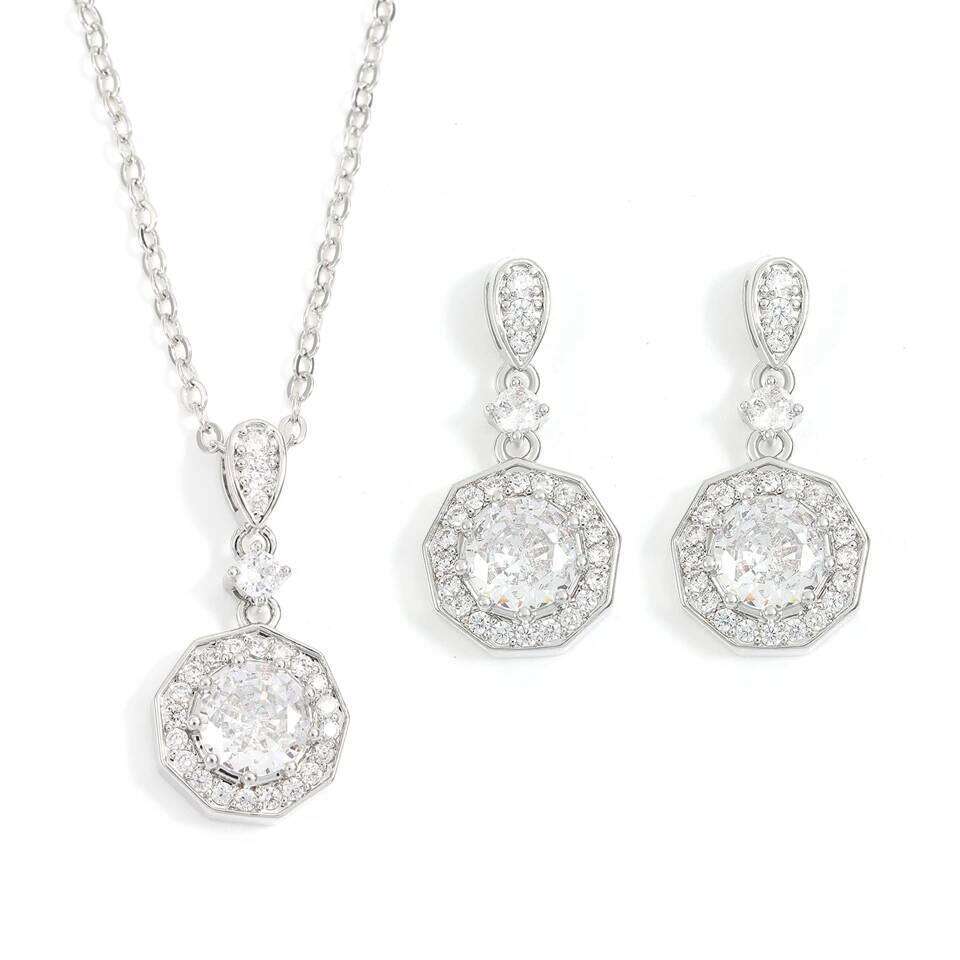 ZAKOL Luxury AAA Cubic Zirconia Dangle Earring Necklace Set for Women Sliver Color Crystal Engagement Wedding Jewelry