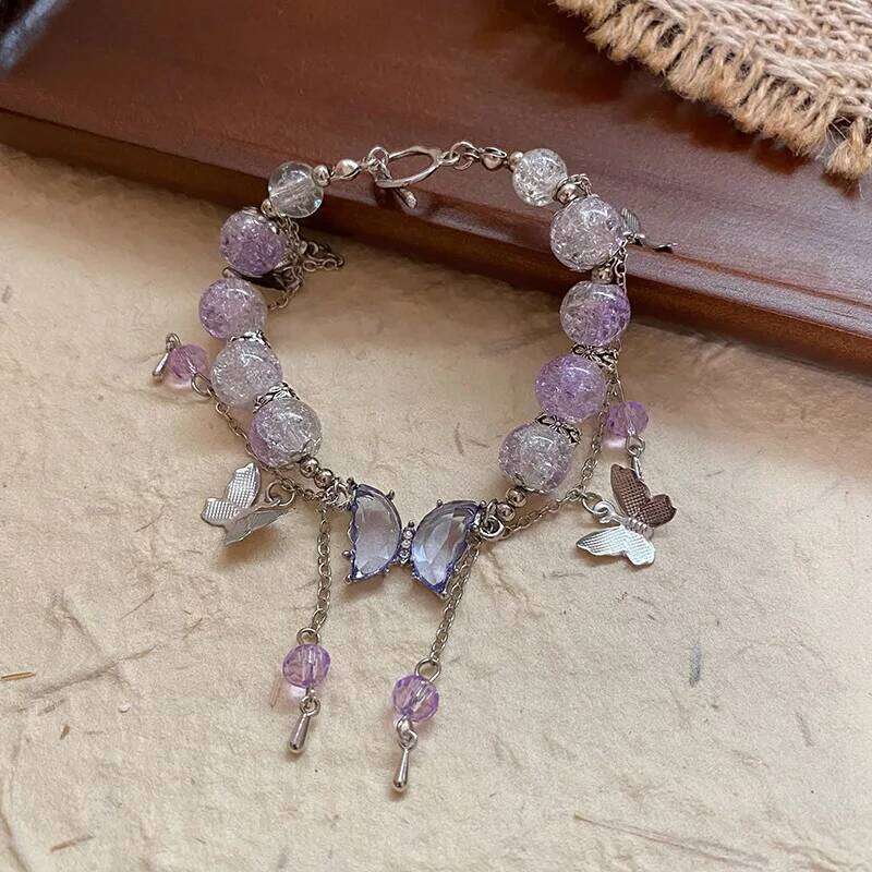 New Niche Design Purple Crystal Butterfly Pendant Beaded for Women Sweet Charm Bracelet Jewelry Accessories Party Gift 25H1229