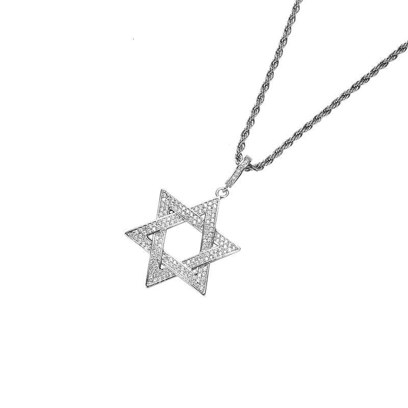 European and American Six Star Micro-inlaid Mens Necklace Star of David Hip Hop Pendant and Hot
