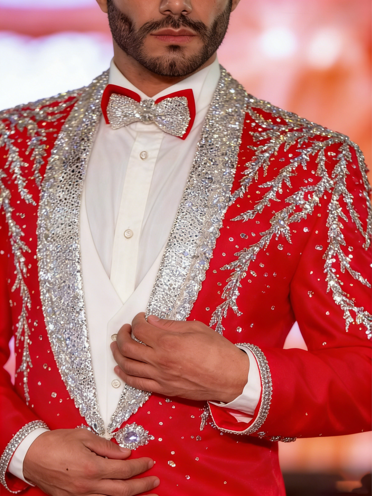 Sparkly Groom Wedding Tuxedos 2 Pieces Slim Fit Jacket Pants Shawl Lapel Crystal Rhinestone Formal Prom Banquet Men Suits Customized